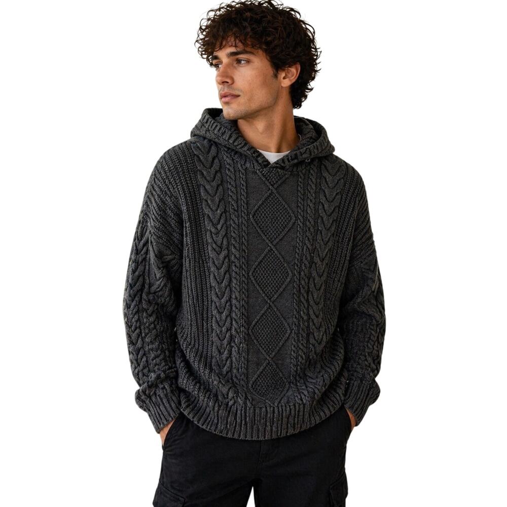 Staple NYC Cable Knit Hoodie Sweater Mens L Gray Chunky Cotton Streetwear